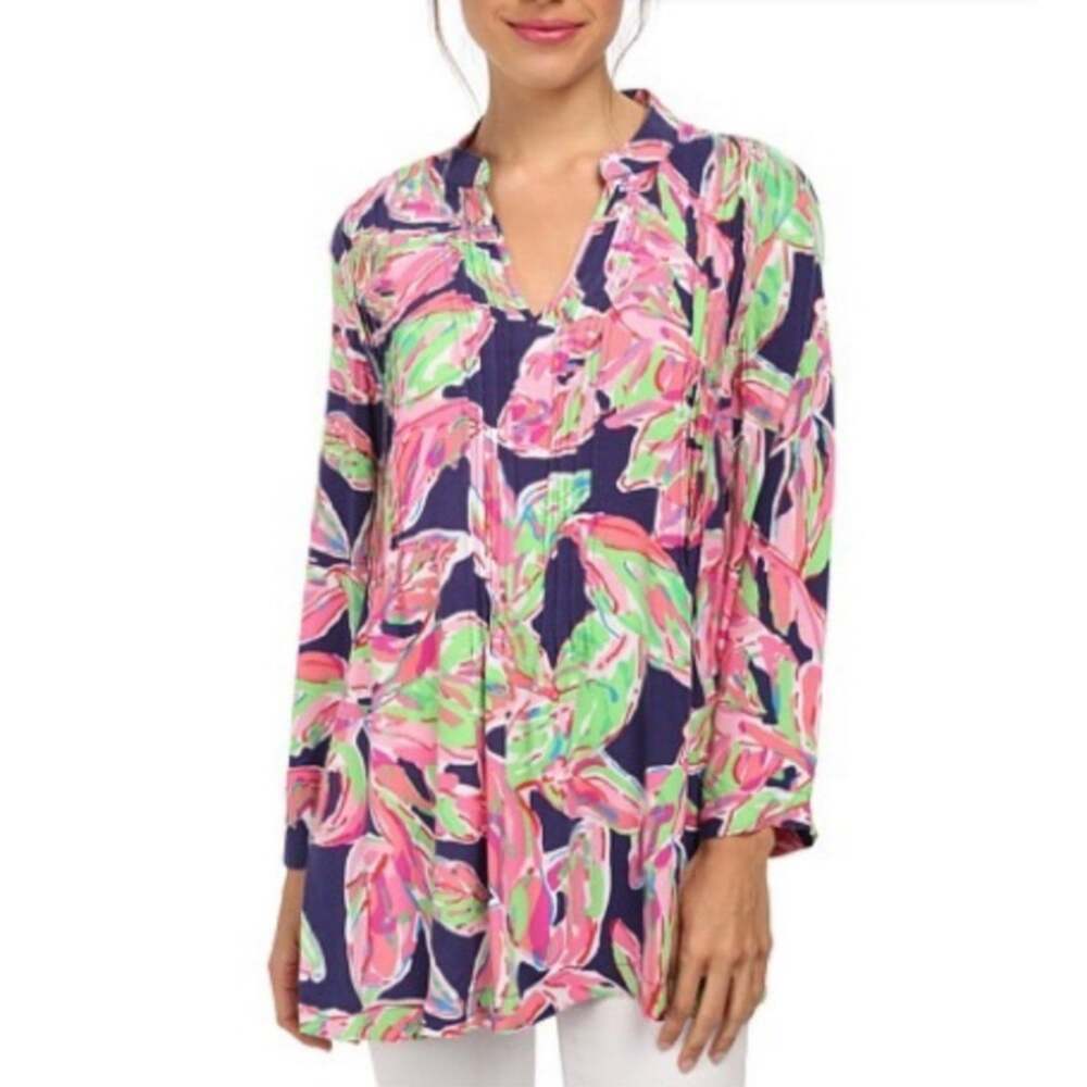 LILLY PULITZER Sarasota In the Vias Bright Navy Pink Lime Tunic Top S 100% SILK